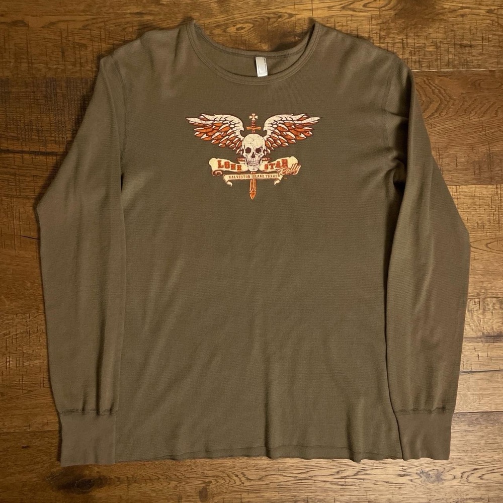 American Apparel Thermal Shirt Mens L Brown Biker Lone Star Rally Skull Graphic